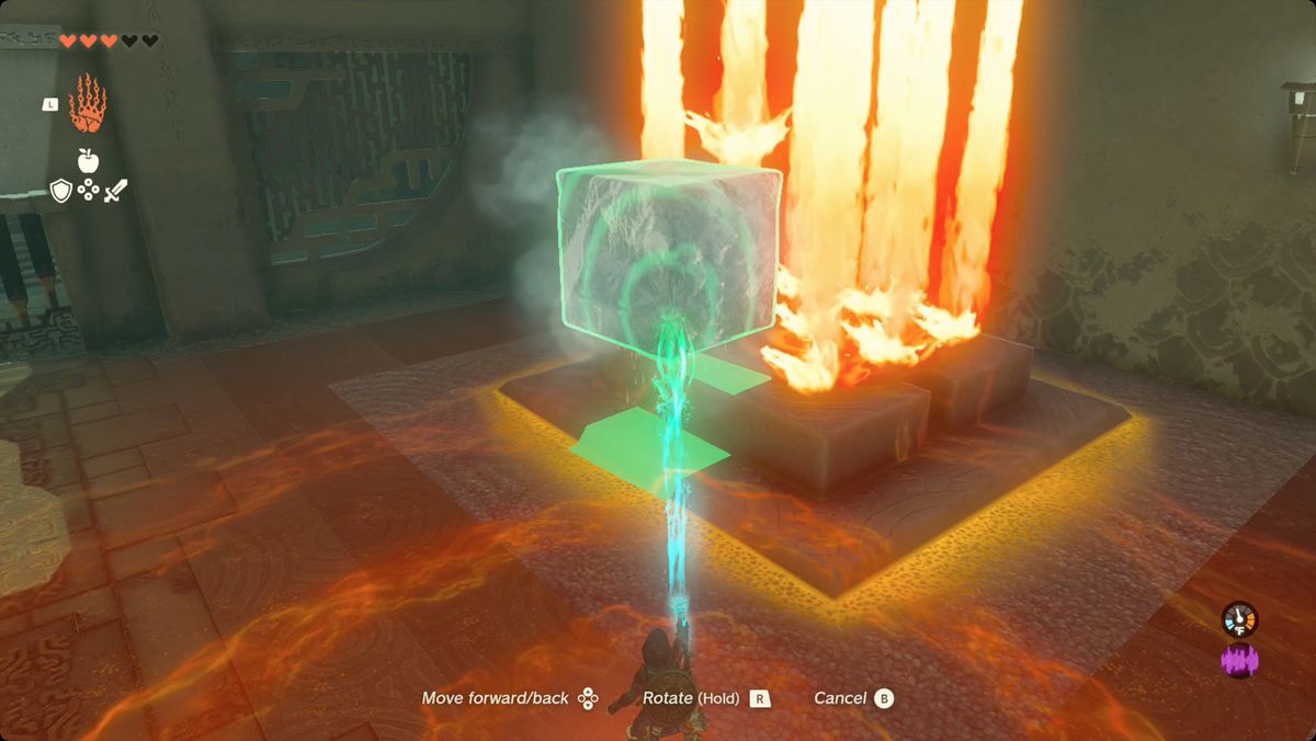 The Legend of Zelda: Tears of the Kingdom Link scioglie un blocco di ghiaccio con il fuoco.