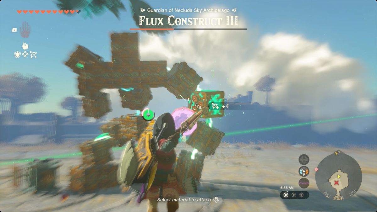 The Legend of Zelda: Tears of the Kingdom Link punta il suo arco verso il blocco luminoso su un Flux Construct