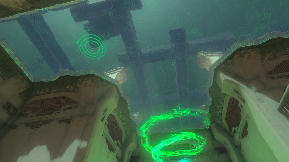 Il soffitto che mostra un cerchio verde sopra l'uscita del santuario di Kyokugon in The Legend of Zelda: Tears of the Kingdom