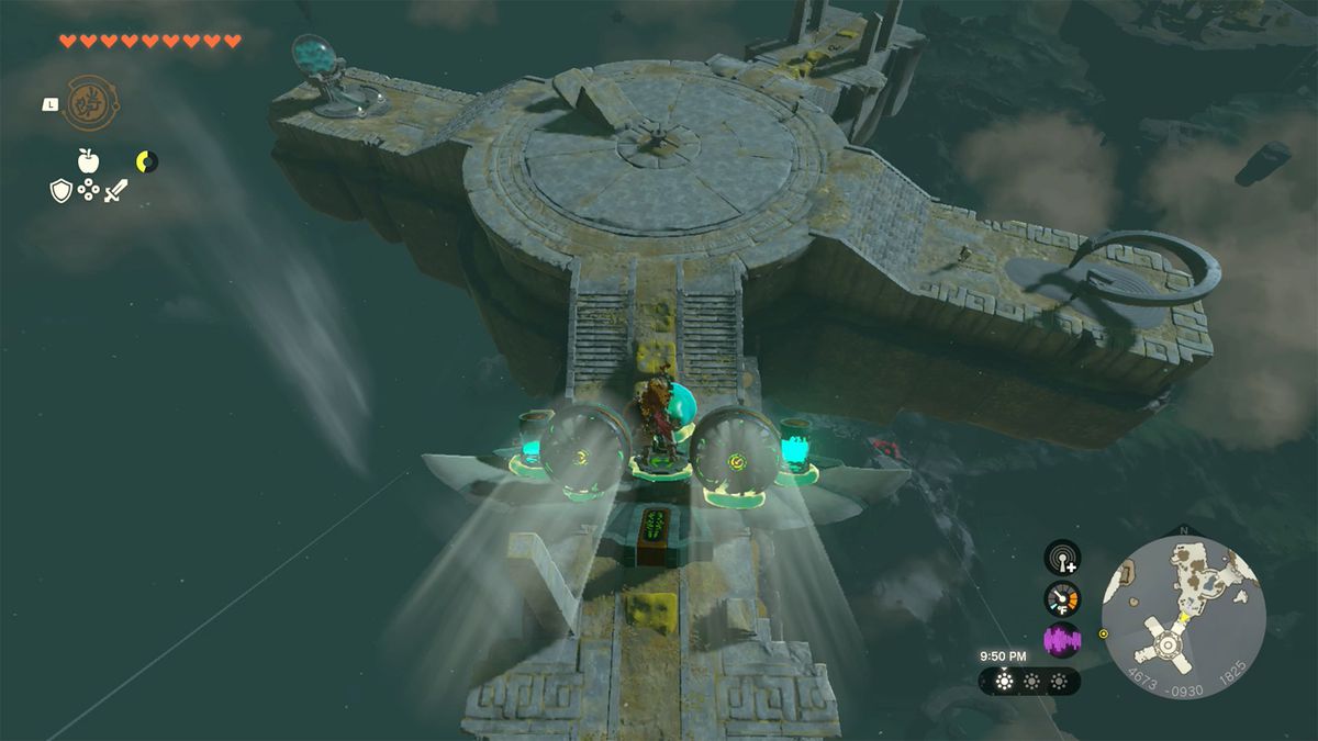 Link fa volare un aliante Zonai verso il Santuario di Mayanas in The Legend of Zelda: Tears of the Kingdom