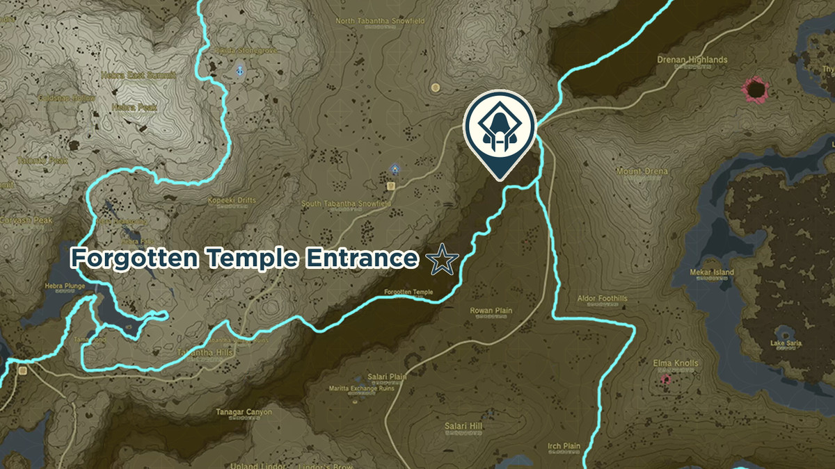 Una mappa mostra la posizione del Santuario Mayausiy in The Legend of Zelda: Tears of the Kingdom.  Anche l'ingresso del Tempio Dimenticato è indicato sulla mappa con una stella.