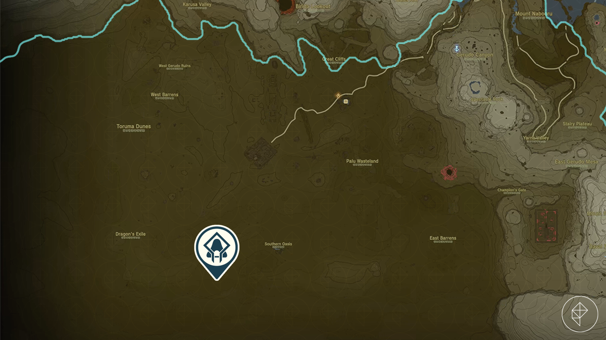 Uno screenshot della mappa di Zelda: Tears of the Kingdom raffigurante il deserto di Gerudo, con un'icona che evidenzia la posizione del santuario di Miryotanog