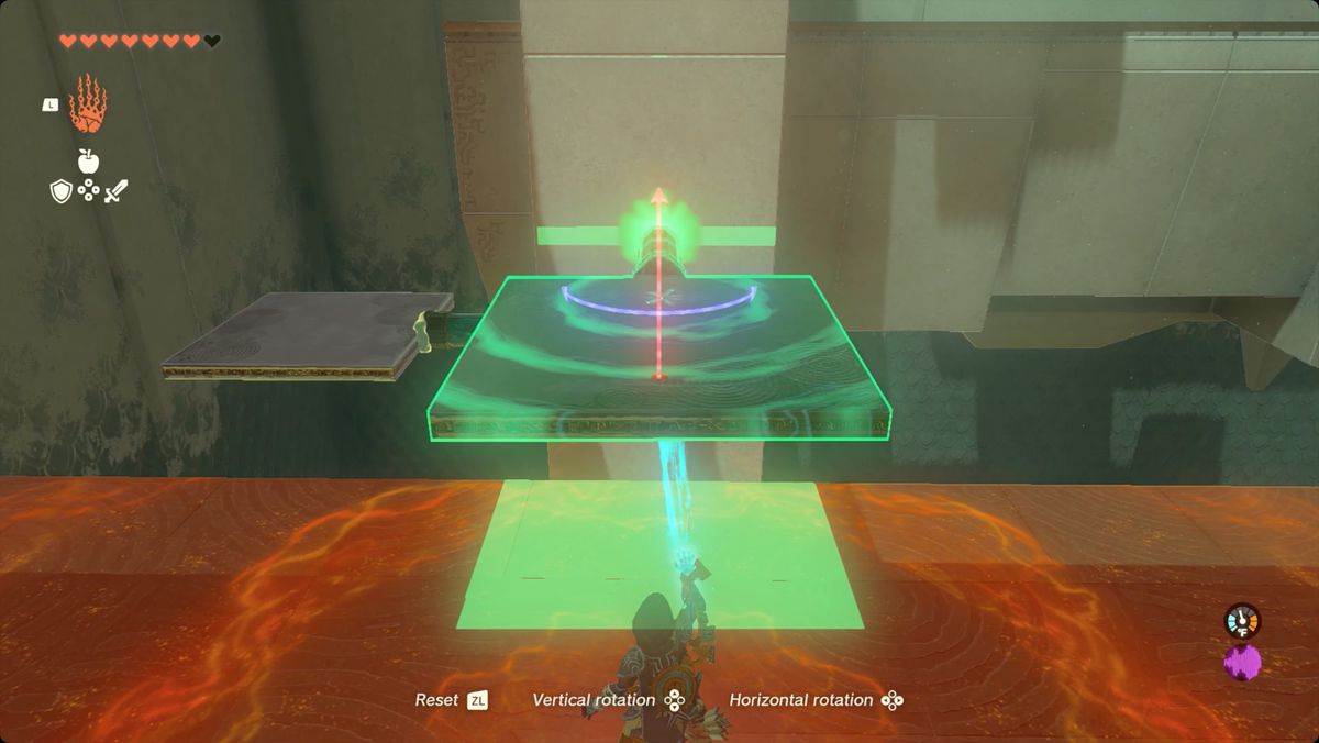 The Legend of Zelda: Tears of the Kingdom - Link posiziona una piattaforma su un pistone nel Santuario di Tsutsu-um