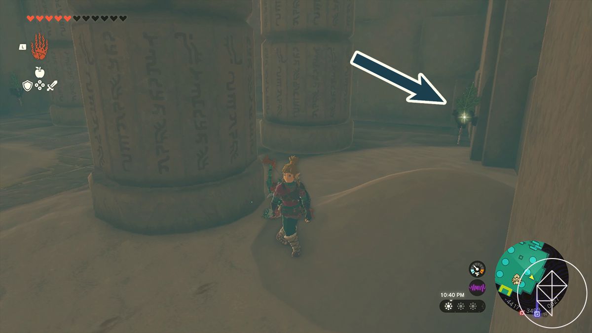 The Legend of Zelda: Tears of the Kingdom Link all'interno del Tempio del Fulmine con una freccia che punta a una Fronda Korok nell'angolo