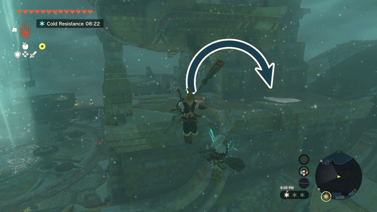 Link vola in un cielo innevato dopo essere rimbalzato su un trampolino.  Una freccia che curva verso destra indica la piattaforma su cui dovrebbe atterrare. 