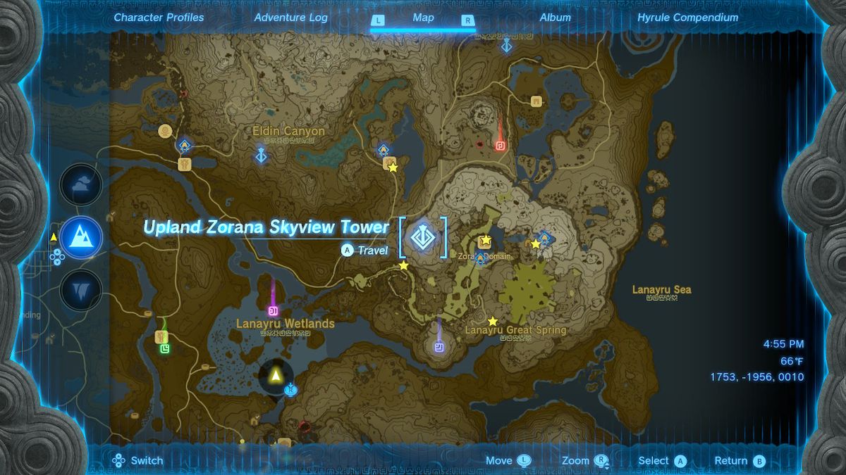 Una schermata della posizione della Torre Zorana Skyview dell'altopiano in Zelda: Tears of the Kingdom