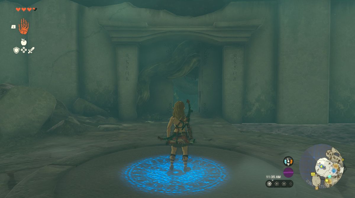 Link si trova al centro della stanza del risveglio sulla Great Sky Island in Zelda Tears of the Kingdom.