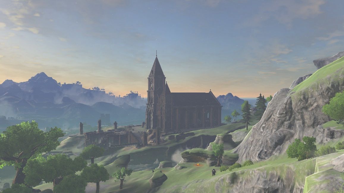Una vista del Tempio del Tempo in piedi su una verde collina sul Grande Altopiano in una piacevole illuminazione in Zelda: Breath of the Wild