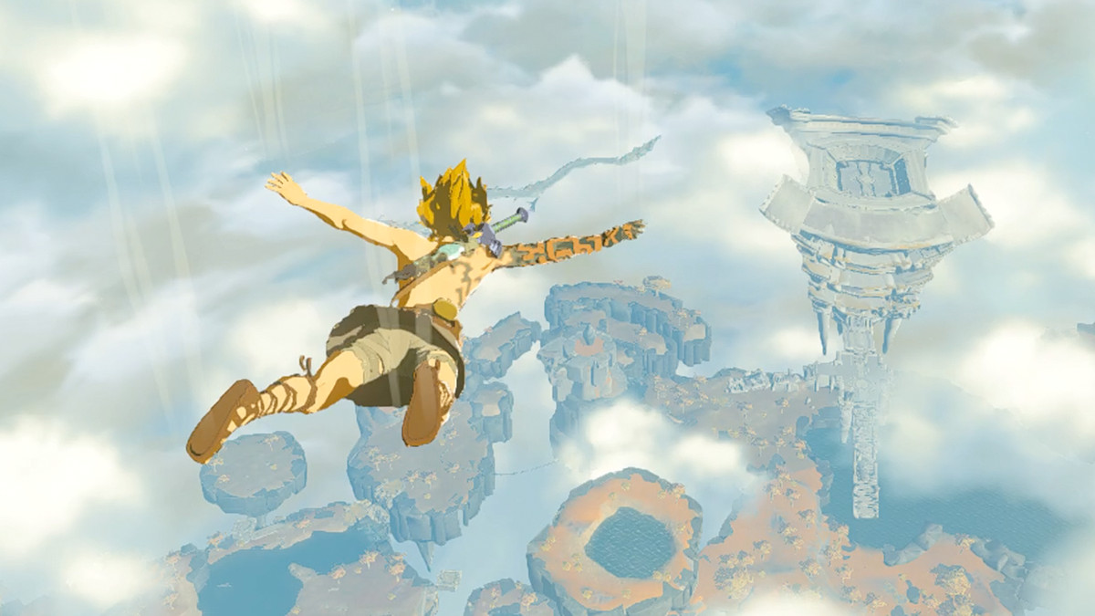 The Legend of Zelda: Lacrime del Regno;  un Link a torso nudo che fa paracadutismo su Hyrule