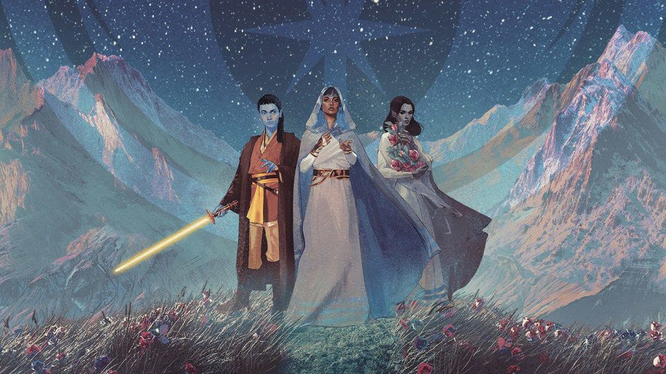 Arte dal romanzo di Star Wars YA The High Republic: Path of Deceit, raffigurante un giovane Jedi con la pelle blu e una spada laser d'oro in piedi accanto a una donna che stringe dei fiori al petto, ed entrambi dietro una donna vestita con le mani tese.