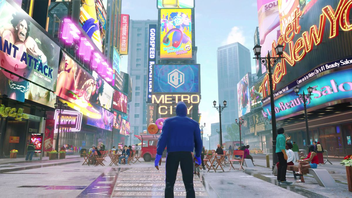 Un combattente si affaccia su una piazza simile a Times Square nell'area Metro City di Street Fighter 6 in modalità World Tour