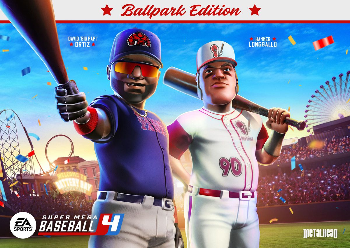 La copertina di Super Mega Baseball 4, David Ortiz, resa in uno stile quasi da cartone animato, è a sinistra, con gli occhiali da sole.  Il fannullone immaginario Hammer Longballo è a destra.  Sullo sfondo c'è un campo da baseball