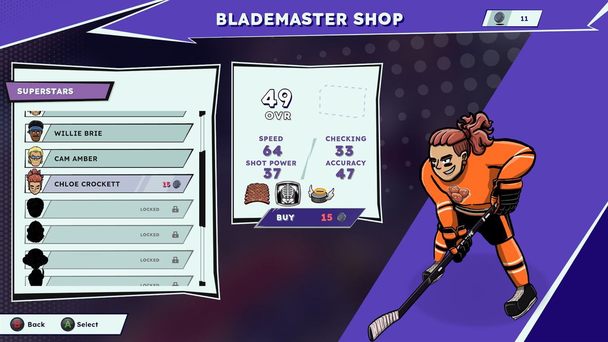 La vetrina del maestro d'armi in Tape to Tape, che mostra le opzioni per spendere gomma e migliorare un giocatore nel roster.