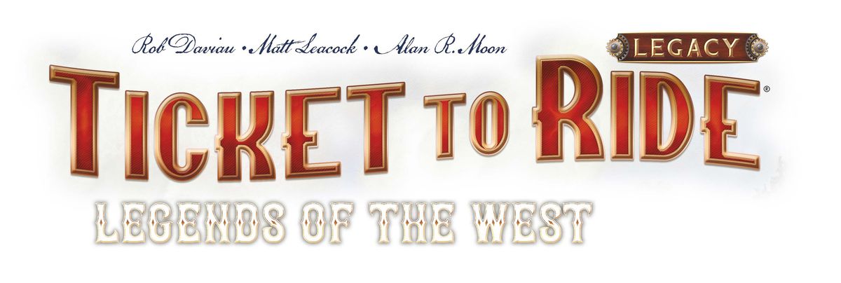 Il logo ufficiale di Ticket To Ride: Legends of the West presenta i nomi di Rob Daviau, Matt leacock e Alan R. Moon come firme sopra il nome del gioco.