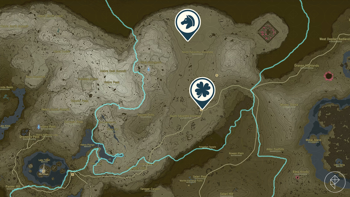 Mappa di The Legend of Zelda: Tears of the Kingdom che mostra la posizione della scuderia Snowfield // Avventura secondaria Zelda's Golden Horse
