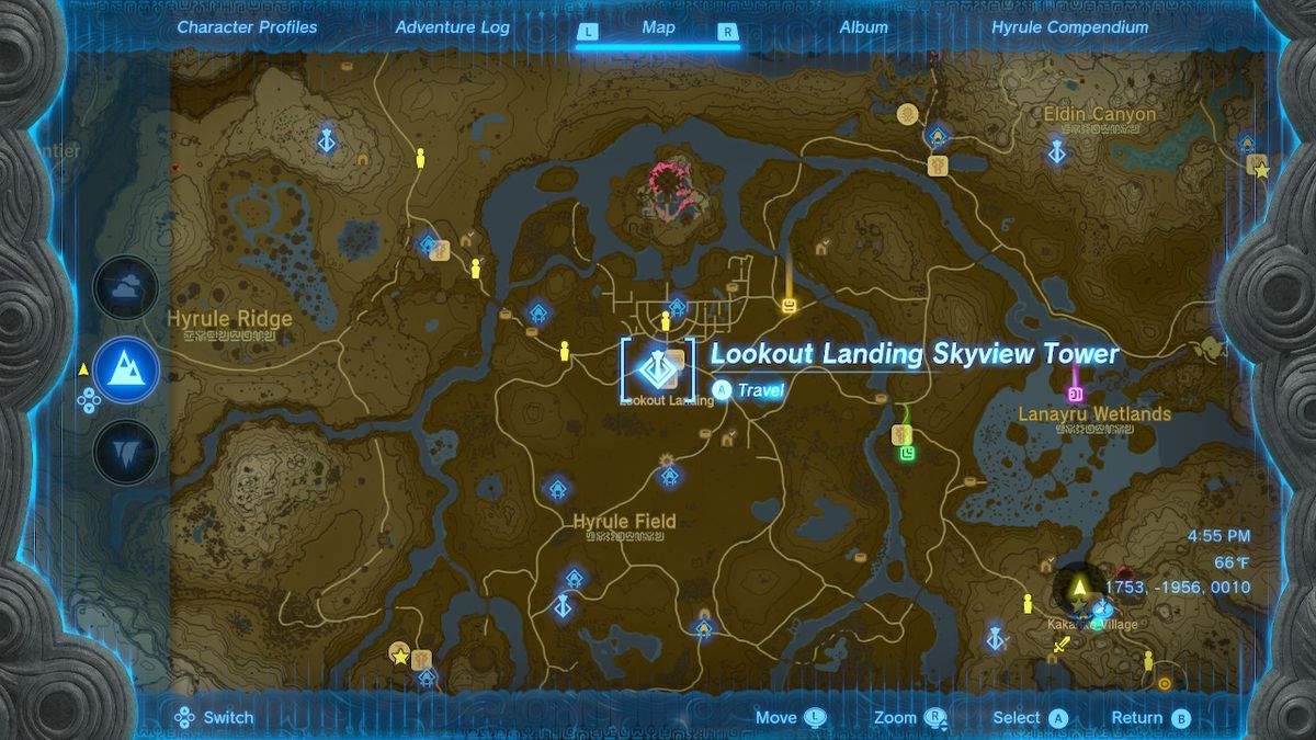 Una schermata della posizione della torre panoramica di atterraggio di vedetta in Zelda: Tears of the Kingdom