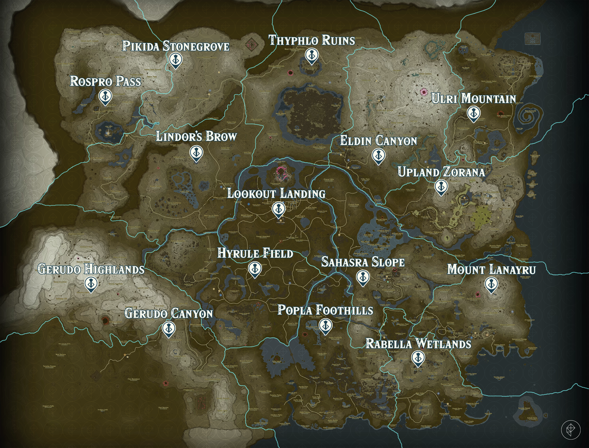 Mappa di The Legend of Zelda: Tears of the Kingdom con ogni posizione della Skyview Tower contrassegnata.