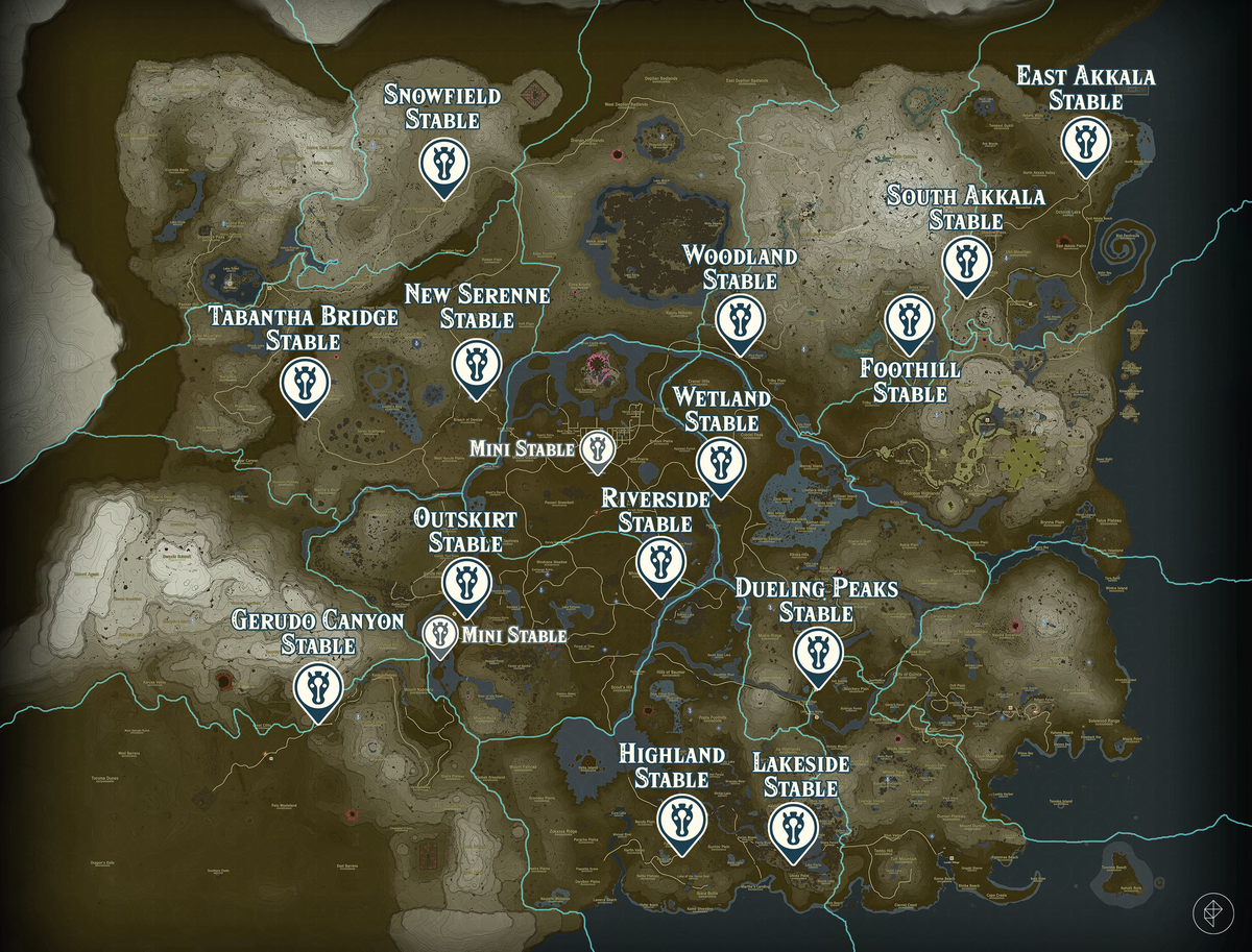 Una mappa mostra le posizioni delle stalle in Zelda Tears of the Kingdom.
