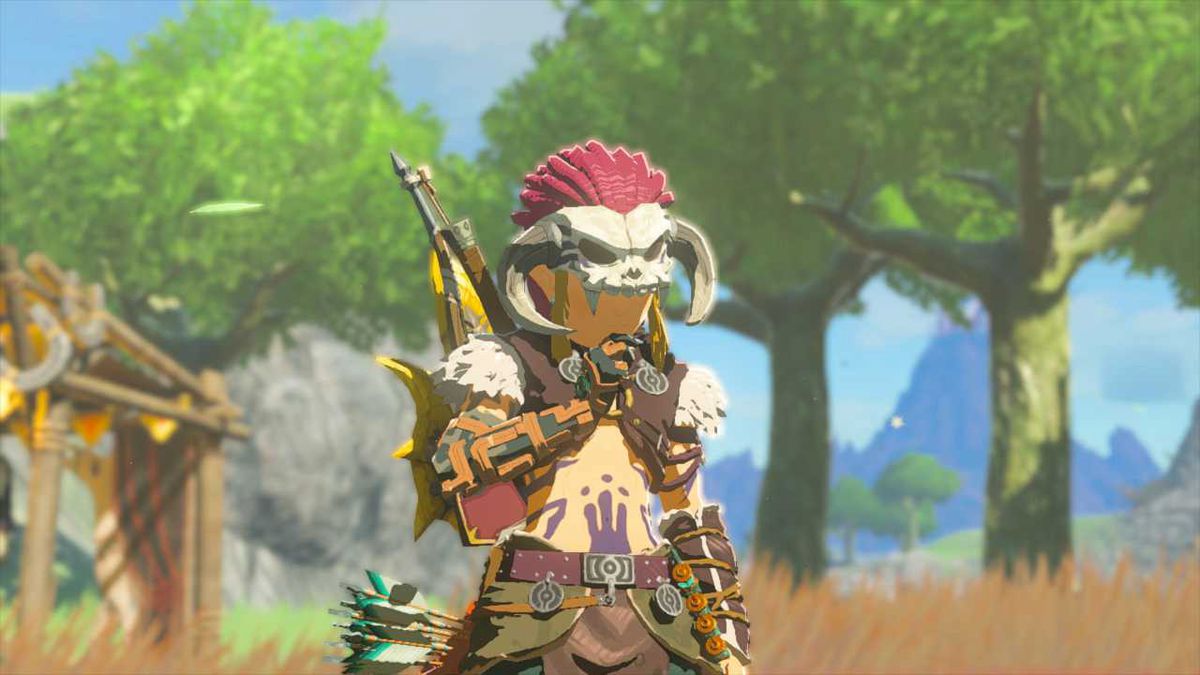 Link appare in una posizione pensierosa mentre indossa l'armatura dei barbari in Zelda: Tears of the Kingdom