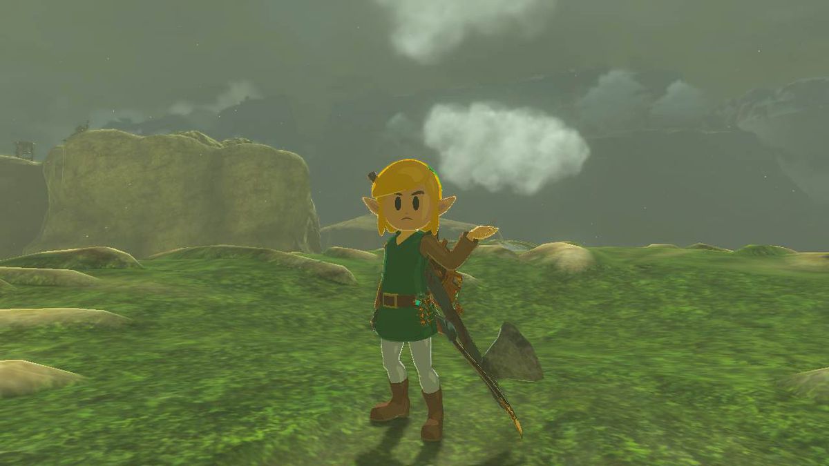 Link indossa l'Armatura del Risveglio in un campo in Zelda Tears of the Kingdom.