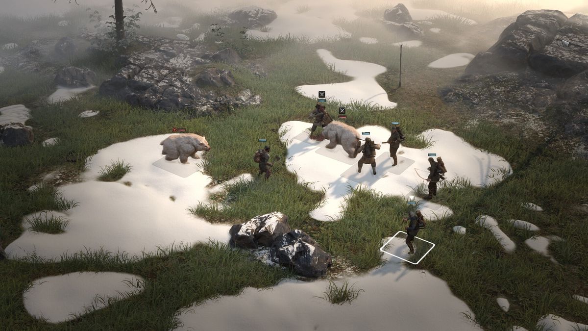 Un gruppo di eroi in Wartales combatte una coppia di orsi polari nel mezzo di un campo innevato.  Il combattimento si svolge su una griglia e ogni personaggio si posiziona con cura per il massimo vantaggio sui propri avversari ursine.