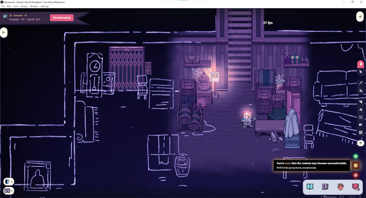 Una scena notturna, con il seminterrato di Yazeba reso in viola e nero.  Gli schizzi delineano le cose al di fuori del cono di luce del personaggio del giocatore.