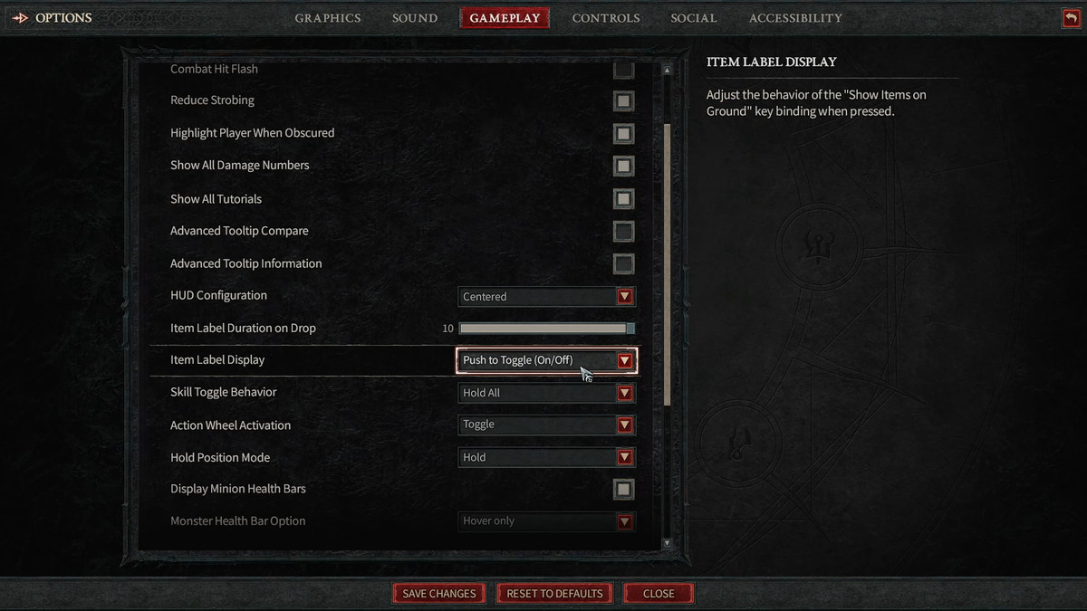 Opzioni di saccheggio in Diablo 4 / IV.  Voce Etichetta Durata impostata su 10 secondi e impostata su commutabile.  Impostazioni di gioco.