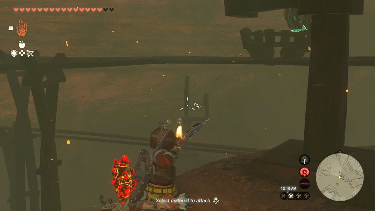 Link punta il suo arco e la sua freccia contro un segnale di cambio ferroviario in uno screenshot di The Legend of Zelda: Tears of the Kingdom