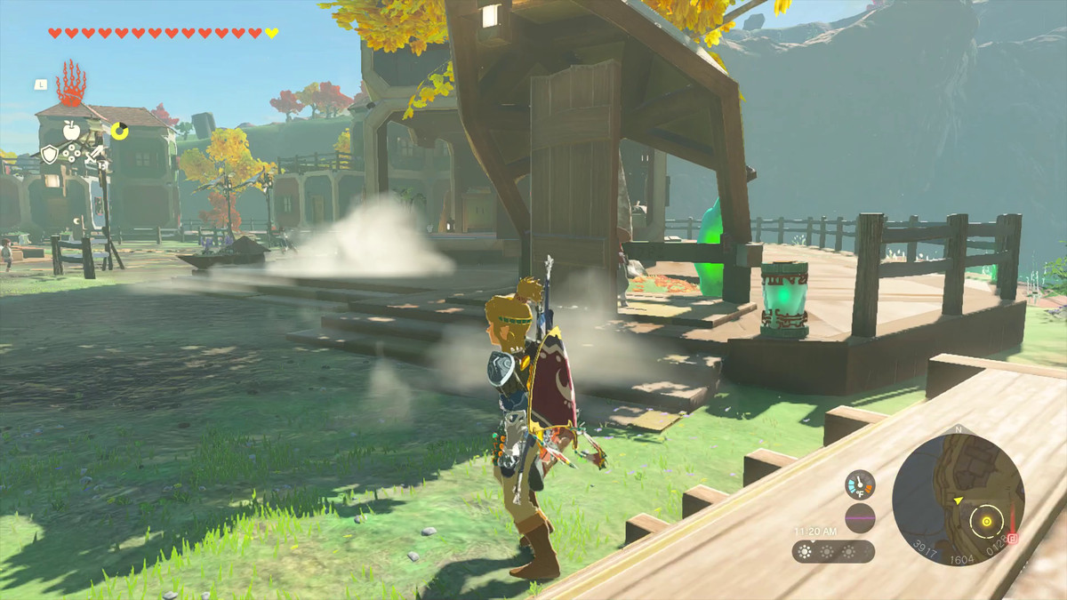 Link si trova di fronte a un uomo bloccato con una grande tavola di legno in Tears of the Kingdom