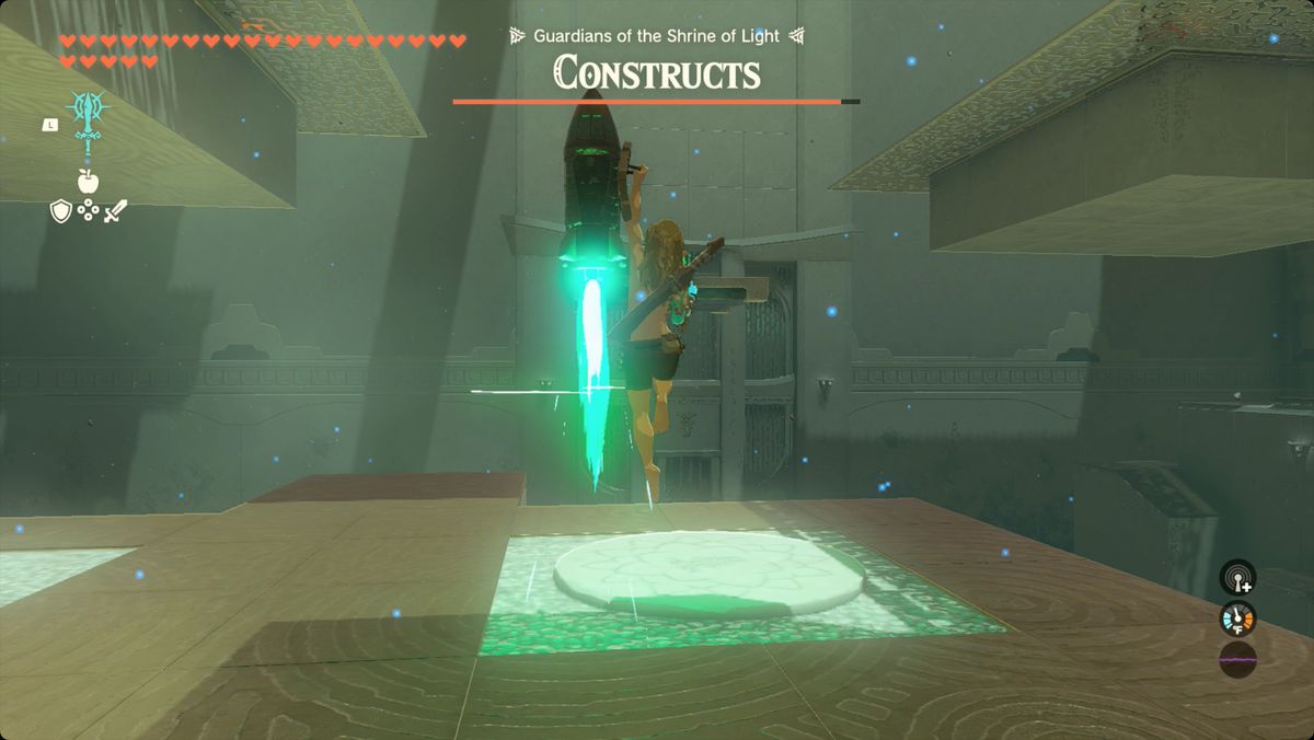 The Legend of Zelda: Tears of the Kingdom Link usa uno scudo missilistico per volare nel Santuario di Yansamin