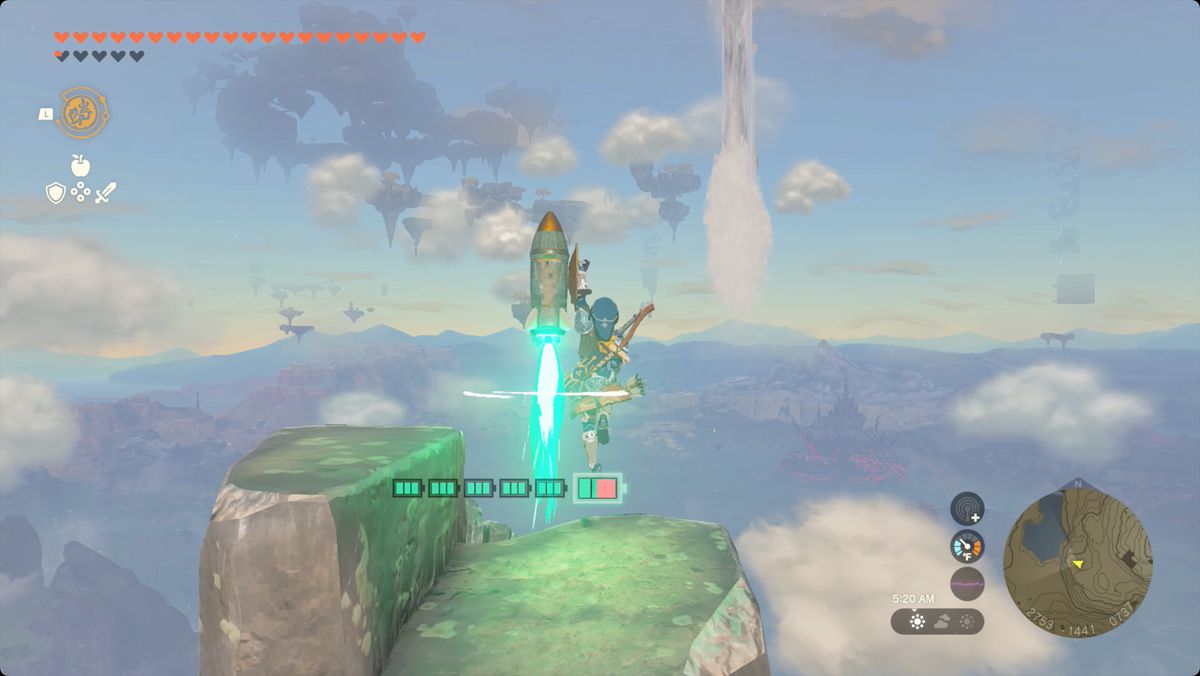The Legend of Zelda: Tears of the Kingdom Link usa un razzo fuso con il suo scudo per avvicinarsi al santuario di Yansamin