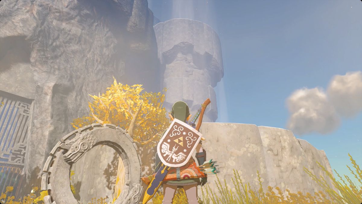 The Legend of Zelda: Tears of the Kingdom Link sull'isola Zonaite Forge dopo aver acceso le torri dei fan.
