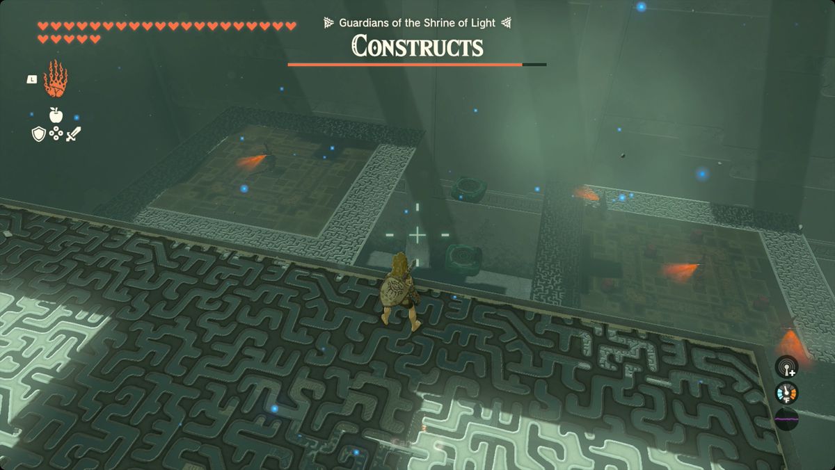 The Legend of Zelda: Tears of the Kingdom Link osserva i rimanenti Costrutti nel Santuario di Yansamin