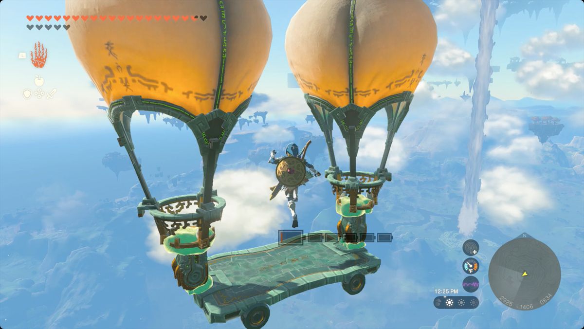 The Legend of Zelda: Tears of the Kingdom Link sale su una mongolfiera verso il santuario di Yansamin
