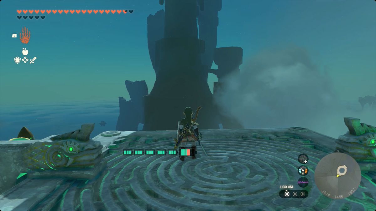 The Legend of Zelda: Tears of the Kingdom Link di fronte all'isola Zonaite Forge dove troverai il Santuario Yansamin 
