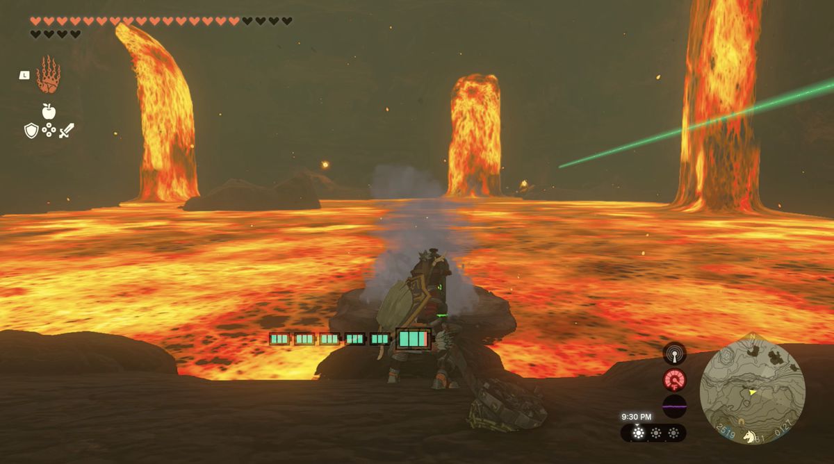 Link crea una roccia dalla lava usando un idrante antincendio nella grotta del lago Intenoch verso il santuario di Moshapin in Zelda: Tears of the Kingdom