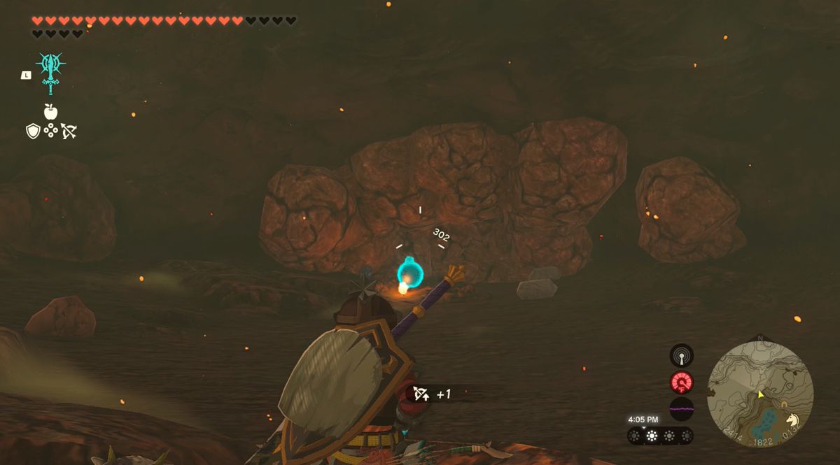 Link fa saltare in aria alcuni massi nella grotta del Lago Intenoch verso il Santuario di Moshapin in Zelda: Tears of the Kingdom