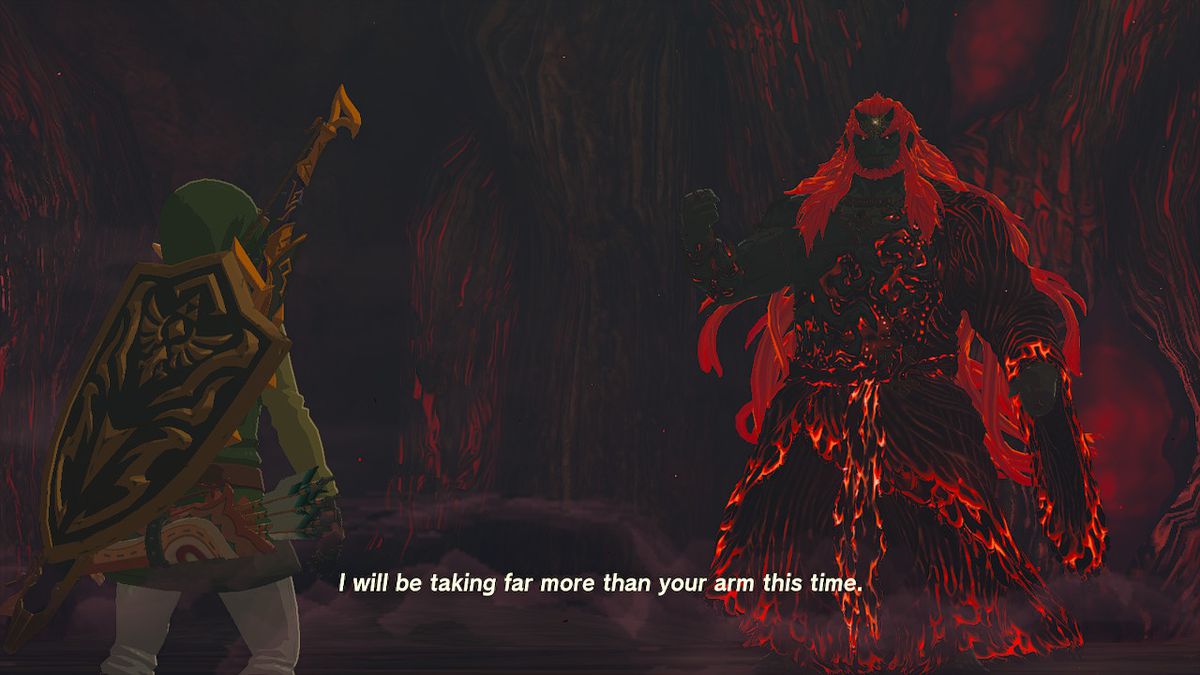 Ganondorf minaccia Link durante il boss finale di Zelda Tears of the Kingdom.
