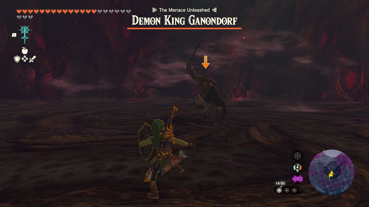 Ganondorf si lancia contro Link nella battaglia contro il boss finale di Zelda Tears of the Kingdom.