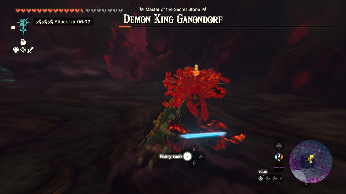 Link attacca Ganondorf con un Flurry Rush durante il boss finale di Zelda Tears of the Kingdom.