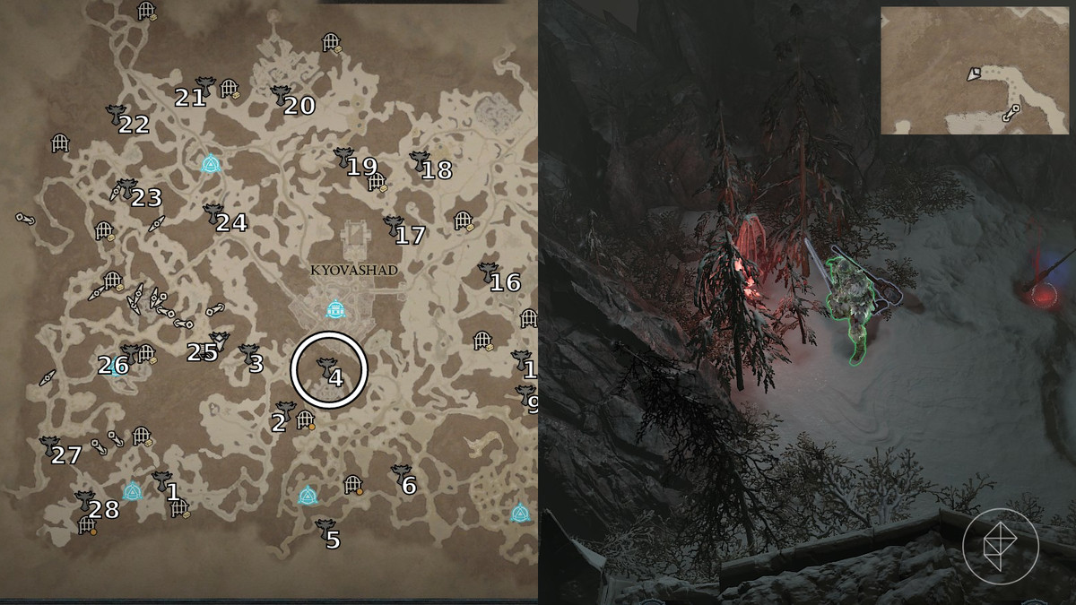 Altar of Lilith 4 found in the Southeast Foothills of Diablo 4 / Diablo IV depicted by an annotated map and an in game screenshot