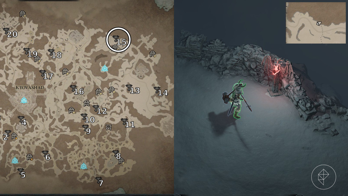 Altar of Lilith 15 found in Sinners Pass of the Seat of the Heavens zone in Diablo 4 / IV depicted by an annotated map and an in game screenshot