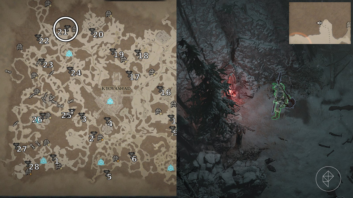 Altar of Lilith 21 found in the Western Ways area of Sarkova Pass in Diablo 4 / IV depicted by an annotated map and an ingame screenshot
