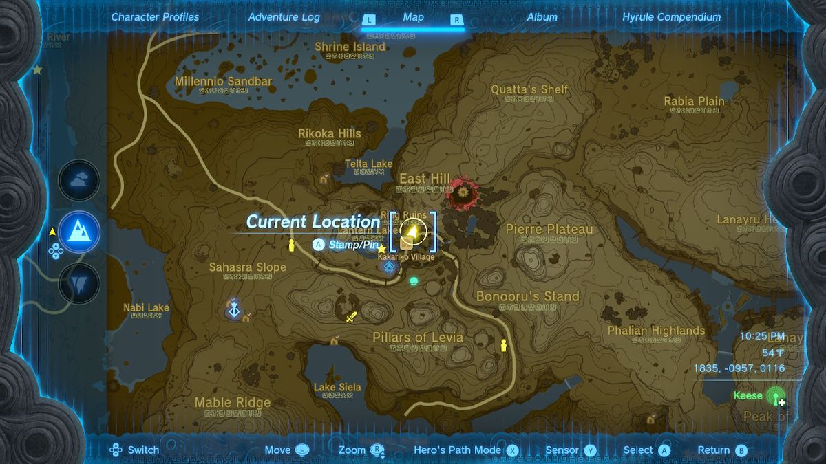Uno screenshot della posizione sulla mappa di Wortsworth nel villaggio di Kakariko in Zelda: Tears of the Kingdom