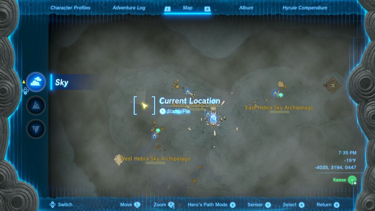 Uno screenshot della posizione sulla mappa del tavolo di pietra n. 1 in Zelda: Tears of the Kingdom