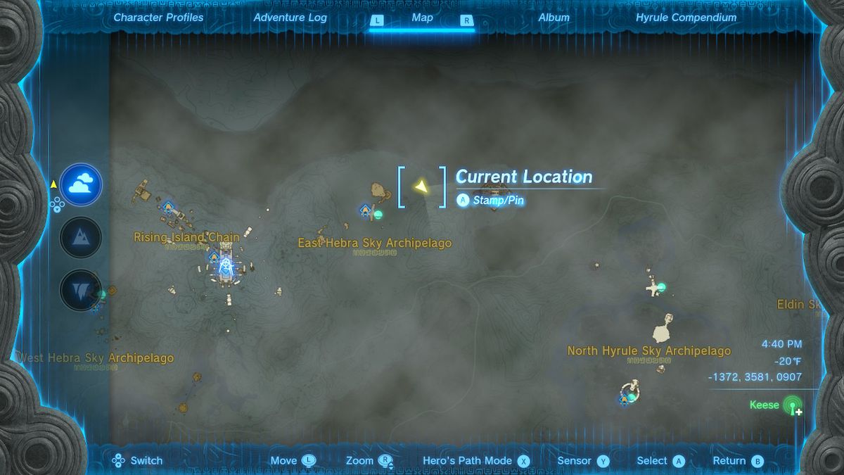 Uno screenshot della posizione sulla mappa del tavolo di pietra n. 2 in Zelda: Tears of the Kingdom