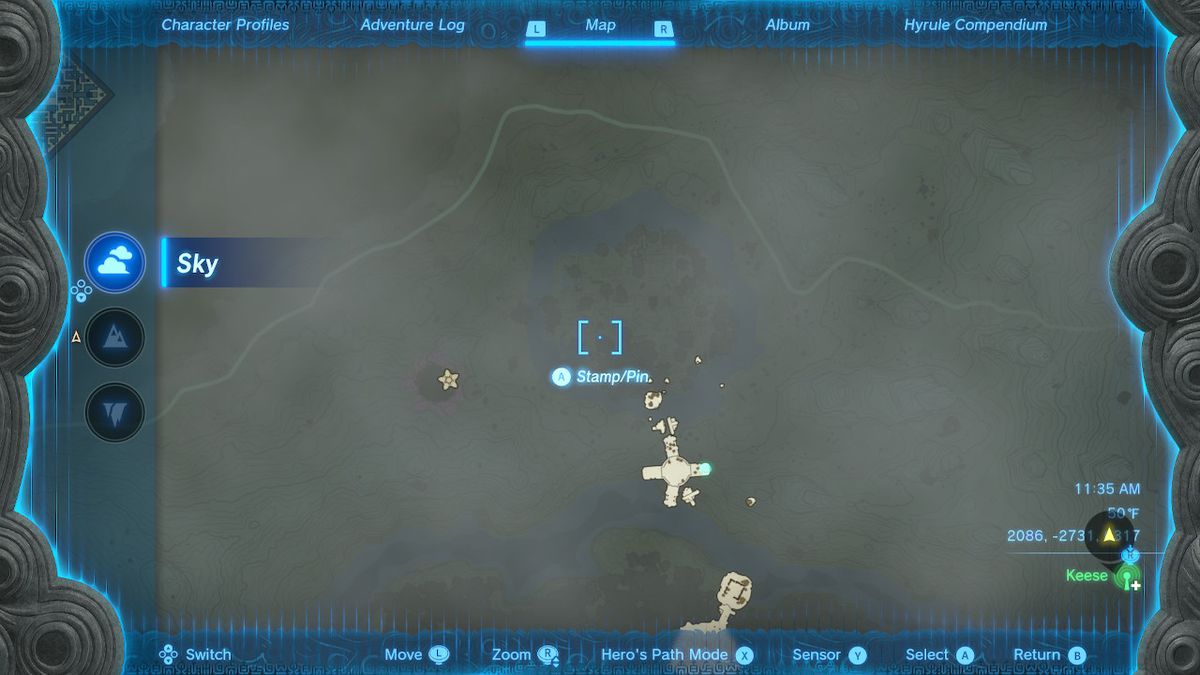Uno screenshot della posizione sulla mappa del tavolo di pietra n. 3 in Zelda: Tears of the Kingdom
