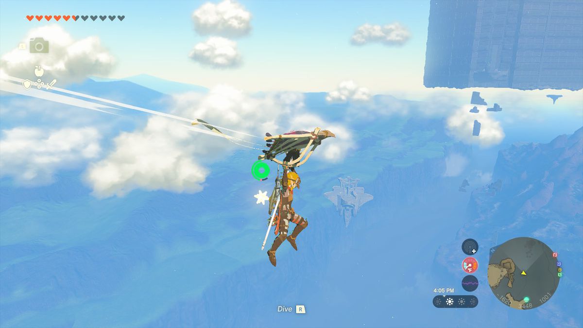 Dopo essere stato spinto, Link usa il parapendio per raggiungere l'isola a forma di stella in Zelda: Tears of the Kingdom