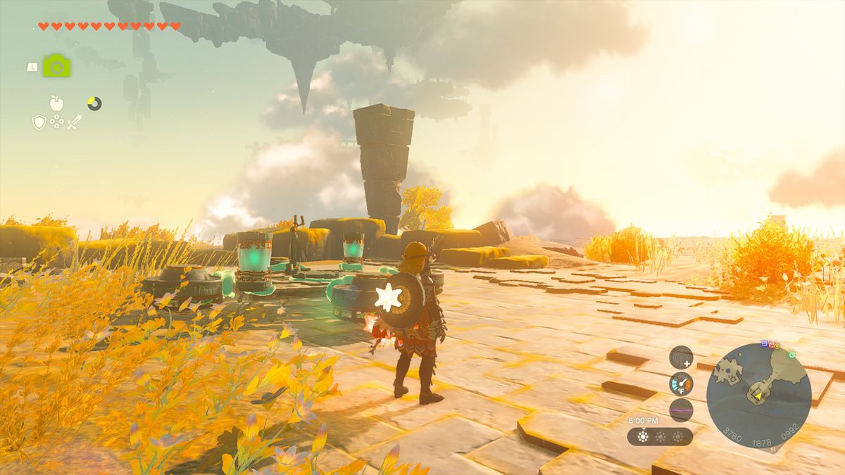 Link si trova su un'isola accanto ai dispositivi Zonai in Zelda: Tears of the Kingdom