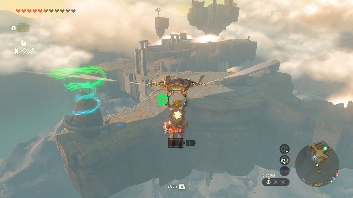 Link scende verso l'isola principale, affacciata sul santuario di Zelda: Tears of the Kingdom